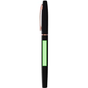 A metal pen in black with a green accent and a rose gold clip, featuring a logo.