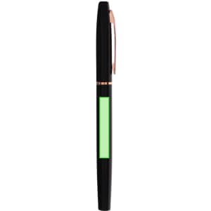 A black metal pen with a green section and a rose gold clip. The pen features a logo.