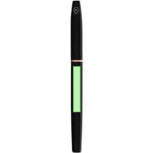 A metal pen in black with a green transparent section, featuring a logo on the cap.