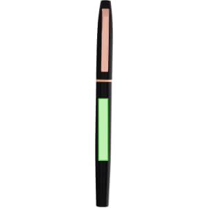 A sleek metal pen with a black body, featuring a pink and a green section, and includes a logo.