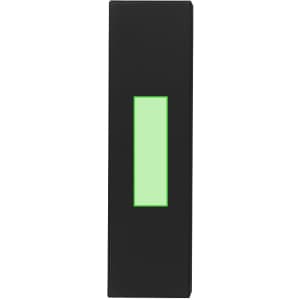 A black box with a green rectangular window. The box appears sleek and minimalistic, suitable for storage or packaging.