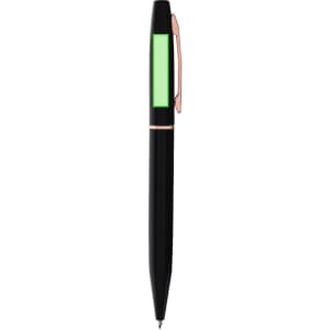 A black metal pen with a green accent and rose gold clip, featuring a logo on the body.