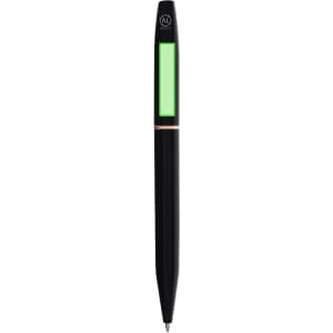 A black metal pen with a green accent and a logo on the barrel.