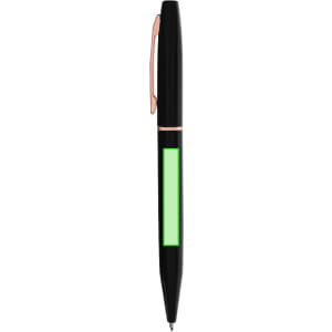 A black metal pen with a green grip and a rose gold clip, featuring a logo on the grip area.