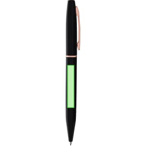 A metal pen in black with a green accent and a rose gold clip, featuring a logo on the barrel.
