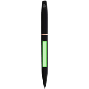 A metal pen in black with a green section and a branding logo. It has a sleek design with a rose gold accent.