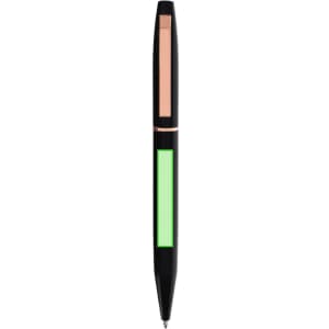 A metal pen in black with rose gold and green accents, featuring a sleek design and a branding logo.