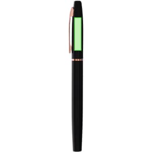 A black metal pen with a green accent and a rose gold clip, featuring a logo on the side.
