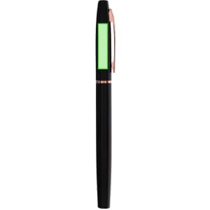 A sleek black metal pen with a green accent and a rose gold clip. It features a logo on the barrel.