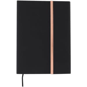 A black notebook with a rose gold stripe, featuring an elastic closure and a bookmark ribbon.
