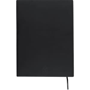 A black notebook featuring a ribbon bookmark and a logo, ideal for office and business use.