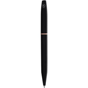 A black pen with a sleek design and a rose gold accent; features a logo on the upper body.