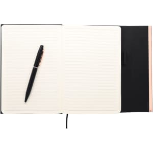 A black notebook with lined pages and a sleek black pen resting on it. The notebook has a ribbon marker and a pocket.