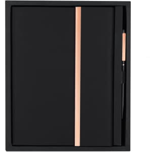 A black notebook with a rose gold stripe and a matching pen, presented in a sleek black gift box.