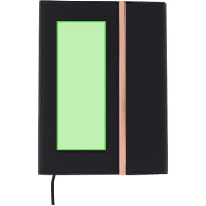 A black notebook with a green rectangular inset and a rose gold stripe on the spine. It includes a ribbon bookmark.