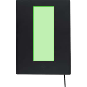 A black document holder with a bright green light panel at the centre, featuring a logo at the bottom.