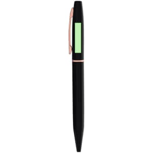 A black pen with a green accent and rose gold clip, featuring a branding logo.