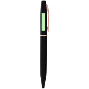 A black pen with a green highlight and rose gold accents. It features a clip and a branding logo.