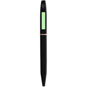 A black pen with a rose gold accent and a green light panel. It features a simple, modern design.