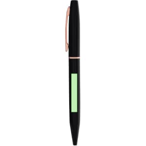 A black pen with a green section and rose gold accents, featuring a logo on the side.