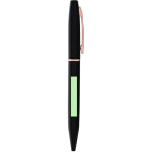 A black pen with a pink accent and a green highlighting area. Features a clip and a sleek design.