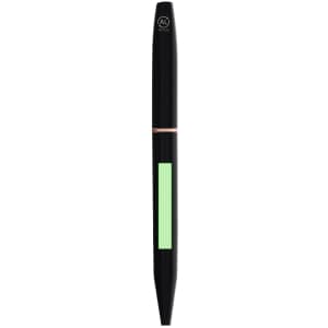 A sleek black pen with a green highlighting section and a branding logo displayed on the top.