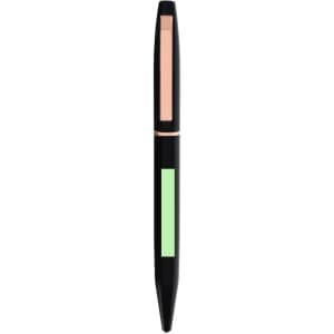 A black pen featuring rose gold and mint green accents, with a sleek design. It includes a branding logo.