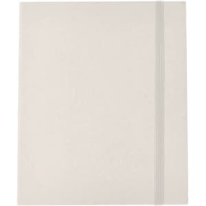 A light-coloured notebook with an elastic band on the side, featuring a textured cover.