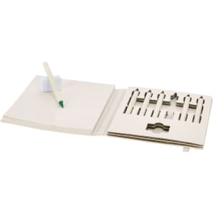 A coloured pencil set with various shades, displayed in a cardboard holder, accompanied by a blank notepad.