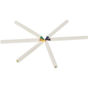 A set of six coloured pencils in white casings, featuring colourful tips in green, yellow, orange, blue, red, and black.