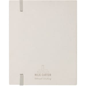 A notebook made from recycled materials, featuring a minimalist design and grey elastic closure. It has a logo on the front.