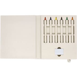 A set of coloured pencils displayed in a cream case with a closure, featuring six vibrant colours and a small label.