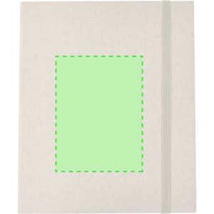 A folder with a light green square section and an elastic closure, featuring a plain beige surface.