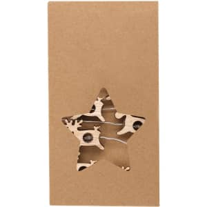 A star-shaped wooden decoration enclosed in a natural cardboard box with a cut-out star design.
