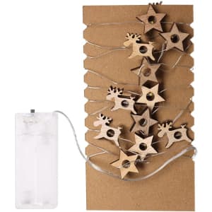 String of wooden star and reindeer decorations on a cardboard backing, with a battery pack on the side.