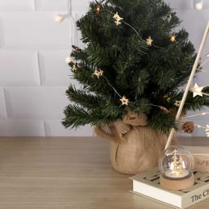 A small artificial Christmas tree in a burlap pot, decorated with star ornaments and fairy lights, beside a glass globe.
