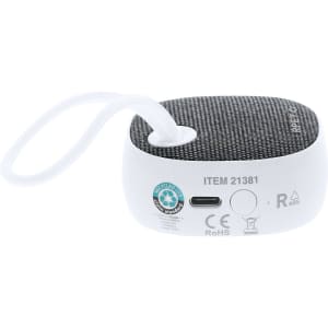 A compact white speaker with a textured grey top and a strap, featuring a USB-C port on the side and a branding logo.