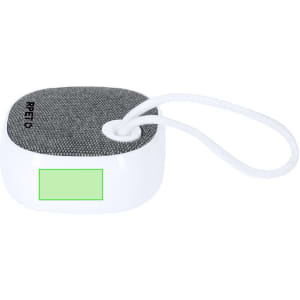 A compact white speaker with a grey fabric top and a strap, featuring a logo.