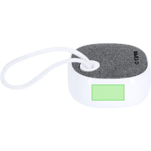 A compact white speaker with a grey fabric top and a strap for easy carrying. It features a logo on the surface.