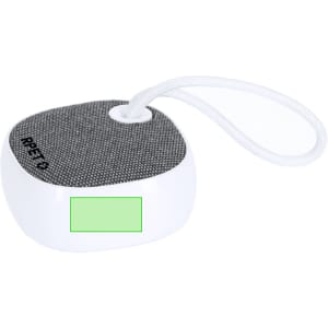 A compact white speaker with a grey fabric top and a corded handle for easy carrying.