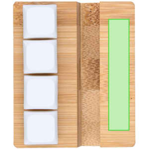A bamboo phone stand featuring three white ceramic holders and a green section for branding or labels.