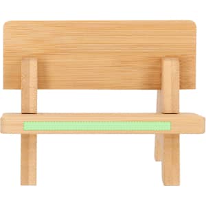 A wooden phone stand in natural bamboo, featuring a simple design with a green accent.