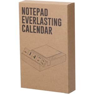 A notepad featuring an everlasting calendar design, packaged in a brown cardboard box. It includes a logo.