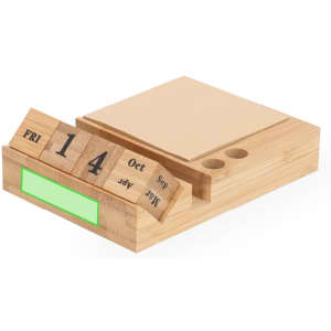 A wooden desk calendar with a notepad, showing movable date and month blocks. The colour is natural wood.