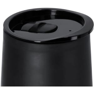 A black insulated travel mug with a lid featuring a sliding opening mechanism. It has a smooth surface and a sleek design.