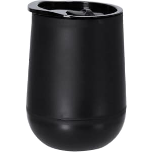 A drink bottle in matte black, featuring a lid with a drinking opening and a rounded bottom. It has a logo.