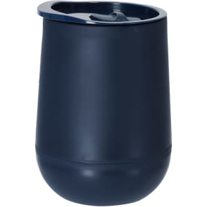 A drink bottle in navy blue, featuring a lid and a curved design, ideal for travel and outdoor use.