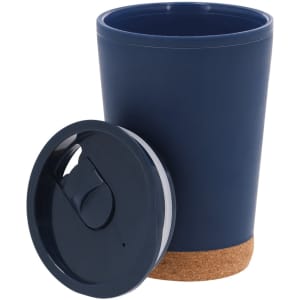 A drink bottle in navy blue with a cork base and a matching lid, featuring a logo.
