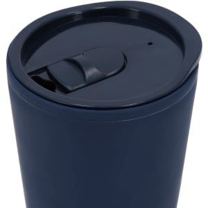 A navy blue insulated cup with a slide lid and a small opening for sipping. Features a branding logo.