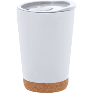 A drink bottle in white with a cork base and a grey lid, featuring a logo on the side.